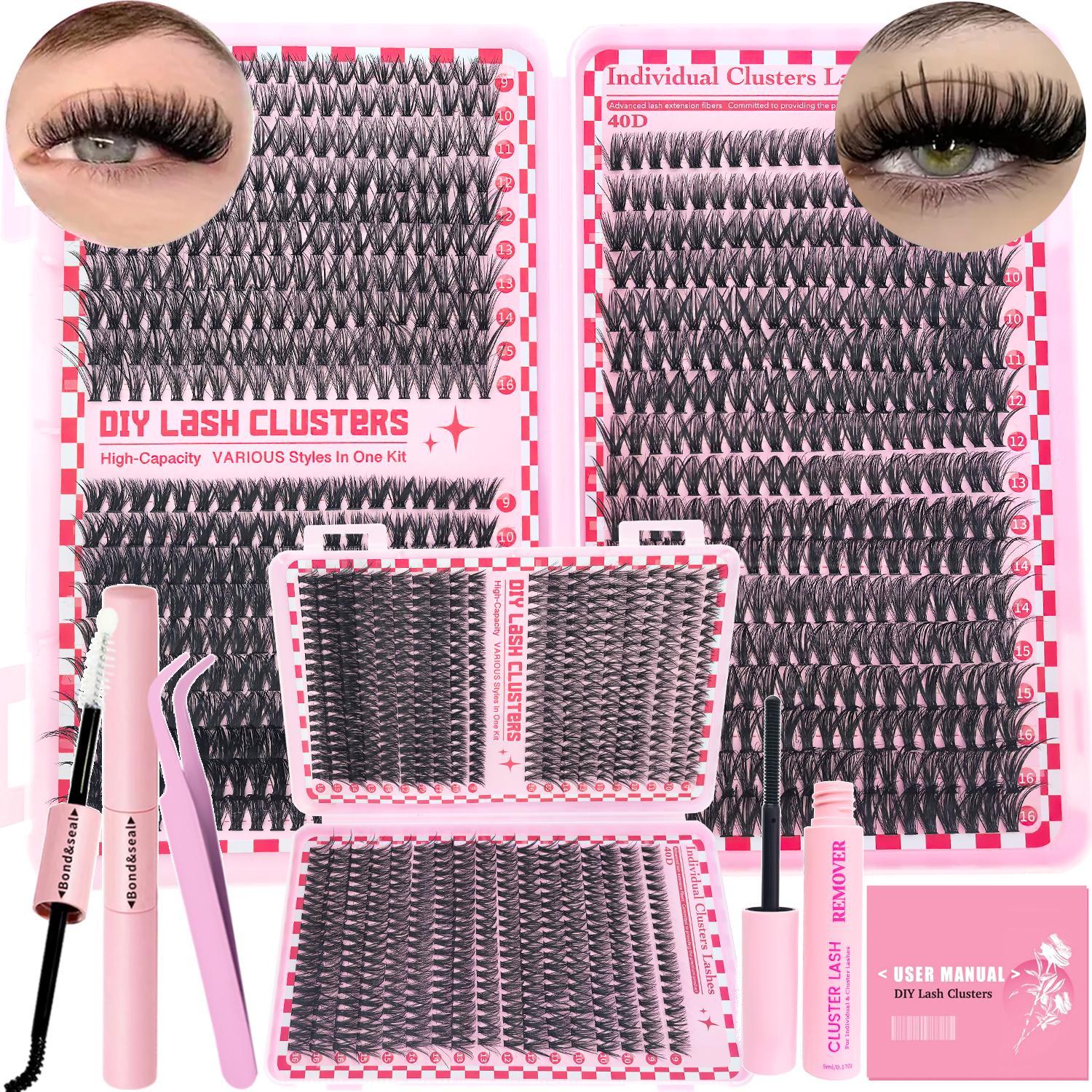 Eyelash Extension Kit, 2-in-1 Lash Bond & Seal with Lash Clusters and Tweezers, Reusable DIY Lash Clusters for Beginners at Home, Eyelash Glue & Tools Included, Eyelash Fixer, Eyelash Extension Set