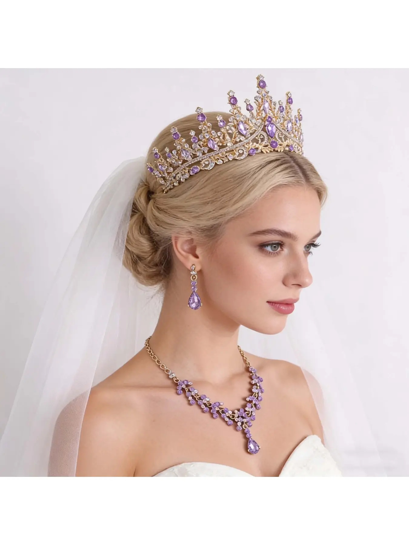Bridal wedding dress, birthday dress, three-piece set, tiara, cross-border crown, necklace, earrings, rhinestone makeup accessories, Bridal headpiece