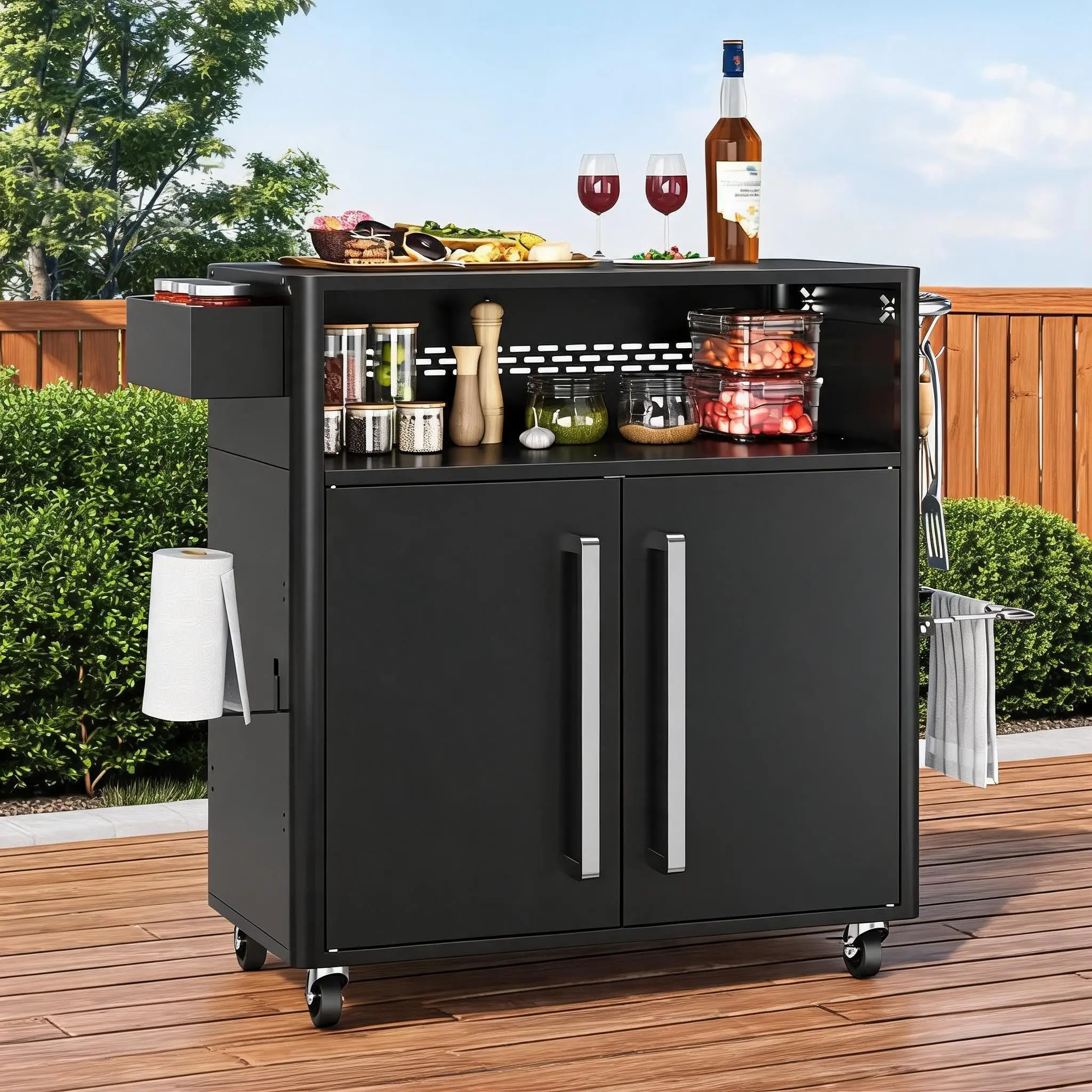 GARVEE Multi-Functional Outdoor Barbecue Grill Cart with Stainless Steel Food Prep Table, Kitchen Cart Storage Cabinet, Open Shelves, Utensil Hooks, Spice Rack - Ideal for Patio, Backyard