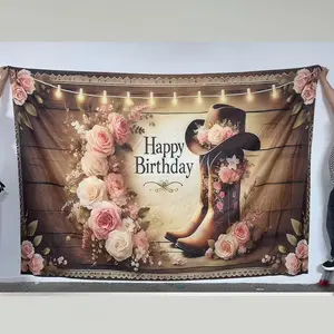 Cowboy Boots & Hat Pattern Birthday Party Banner, Flower Cowboy Birthday Party, Photo Props Background Cloth, Birthday Party Decorations, Indoor & Outdoor Decoration, Party Decorations Banners, Event Props, Ornaments