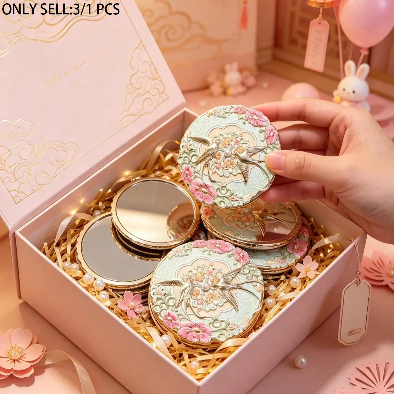 Elegant Portable Chinese Vintage Relief Flower Travel Makeup Mirror, Metal Pocket Mirror for Baby Shower, Party Gifts, Wedding Favor, Portable Mirrors
