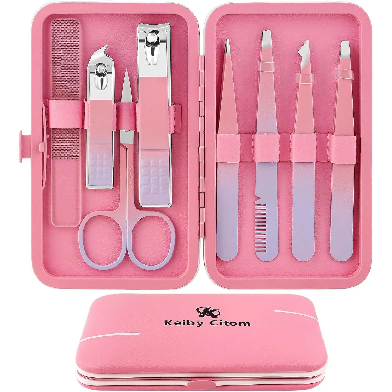 8Pcs Precision Tweezers Set for Facial & Ingrown Hair Removal, Eyebrow Tweezers Nail Clipper Plucker Kit for Women Men, Pink