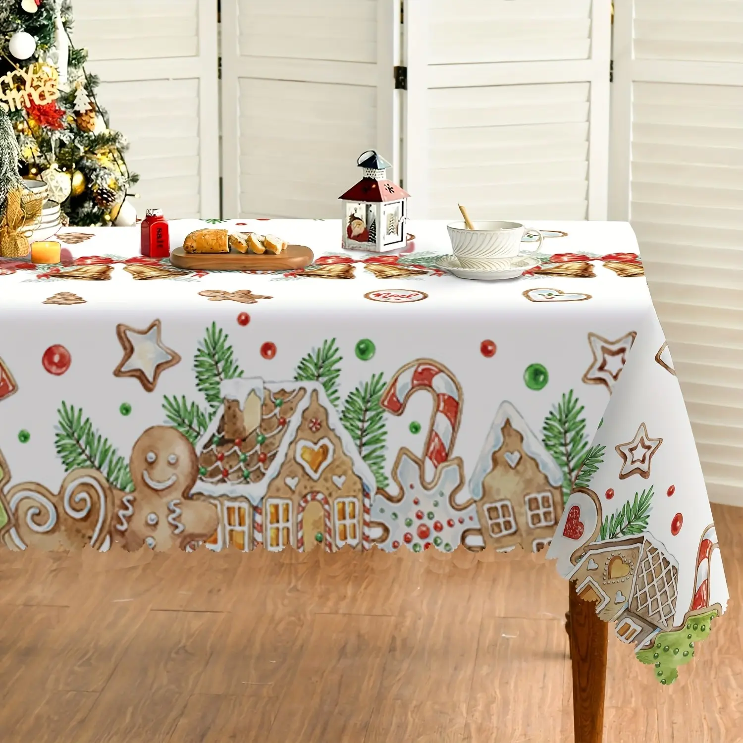 Christmas water-saving bell-shaped gingerbread person pattern printed lace tablecloth, waterproof and stain-resistant reusable square tablecloth, suitable for decoration in living rooms, dining rooms, hotels and for Christmas parties