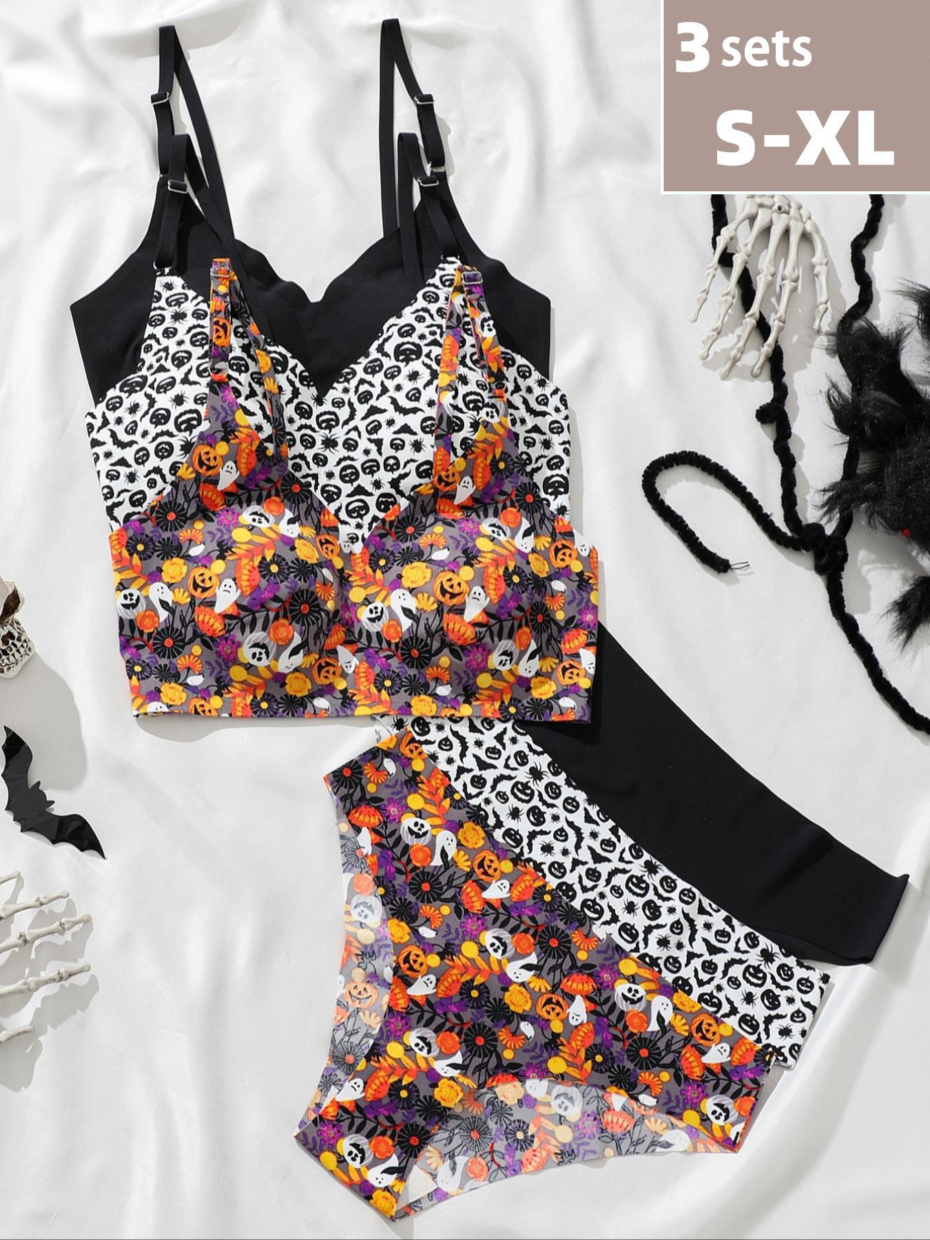 Three-Piece Set Women's All Over Print Wireless Bra & Panty Two-Piece Set, Adjustable Strap Lingerie Set, Soft Comfy Breathable Underwear Set for Women