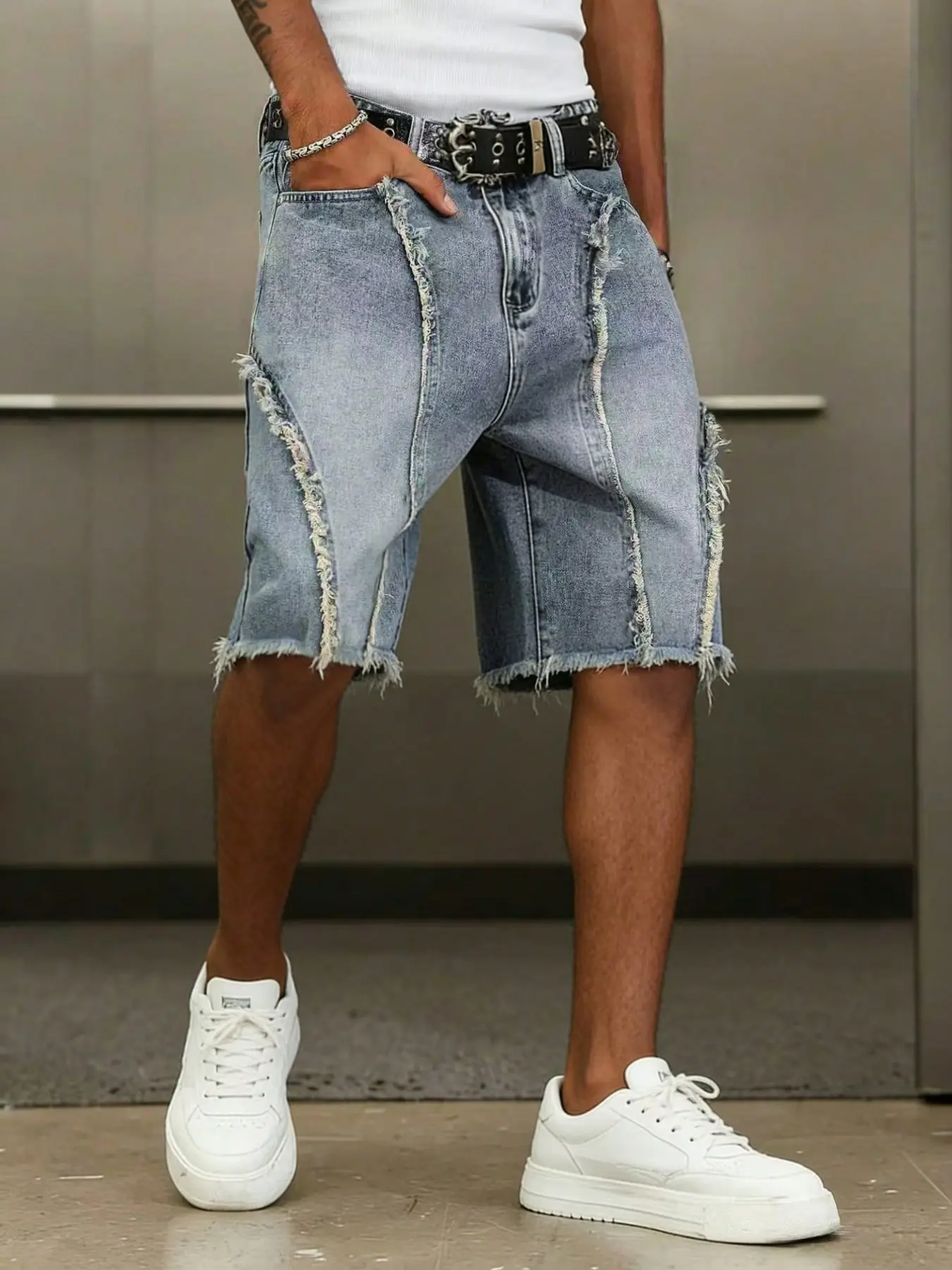Men's Patchwork Denim Shorts, Regular Fit Casual Fashion Shorts for Summer, Men's Bottoms for Daily Wear, Casual Pocket Shorts