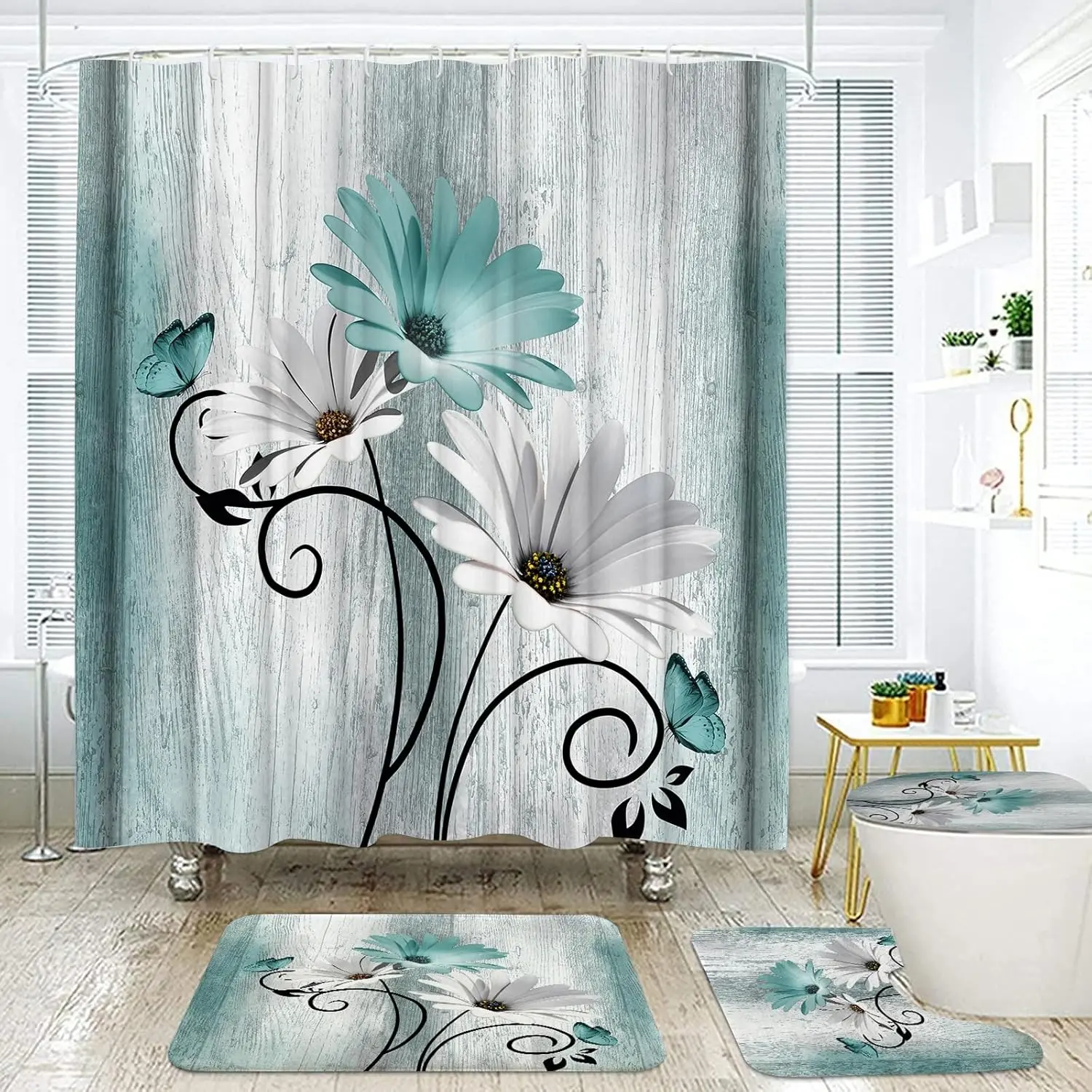 Teal Daisy Country Farmhouse Shower Curtain Set with Shower Curtain and Carpet and Accessories, Waterproof Bathroom Shower Curtain Decorative Set with 12 pcs Hooks.