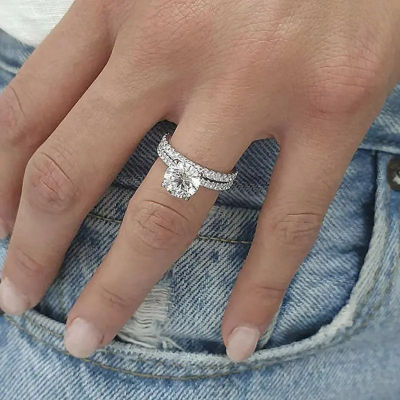 Women's 2-Piece Stackable Cubic Zirconia Ring Set, Round Shape with Large Sparkling Stones, Simple Look Paved Band, Elegant Daily Wear Finger Jewelry for Ladies (Ideal Wedding Anniversary Gift)