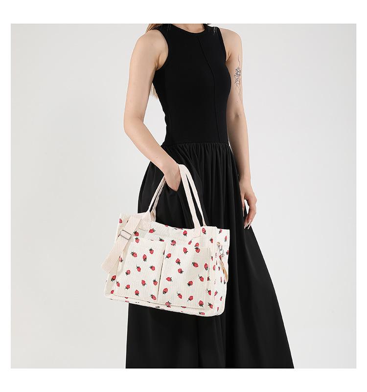 Women's Tote Bag Strawberry Print Canvas Student Shoulder Handbag Large Capacity Multi-Pocket Travel Purse Casual Daily Use Durable Totebag