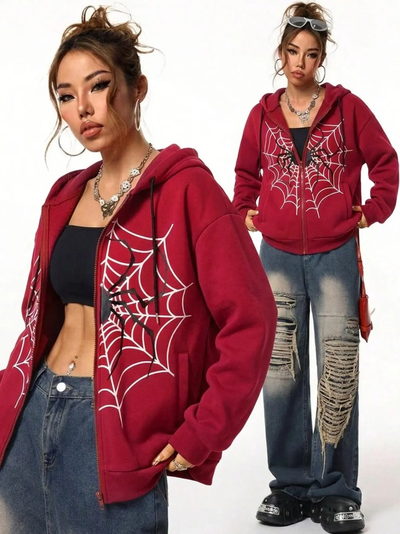 Hooded Zipper Sweatshirt, Loose Fit, Spider Web Print, Fleece Lined, Warm and Comfortable, Casual Street Style, Fall & Winter