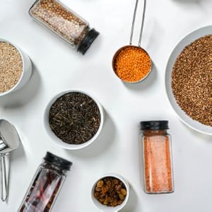 24pcs Spice Jars with180 Labels,Glass Spice Jars, Seasoning Containers,Seasoning Organizer,Include black metal lid, pen, grinder, stainless steel funnel, two type inner plugs