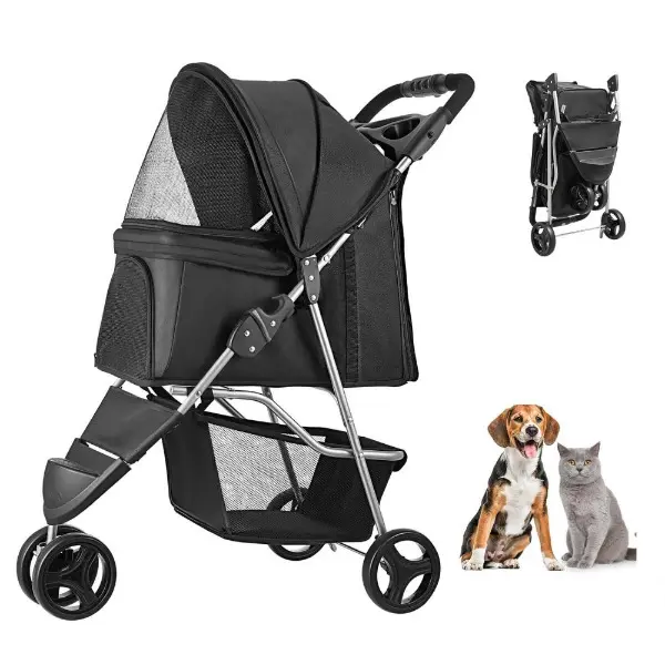 3-Wheel Foldable Dog Pet Stroller with Brake & Stainless Steel Components, Travel Support for Pets Up to 35 Lbs, Ideal for Travel, Camping