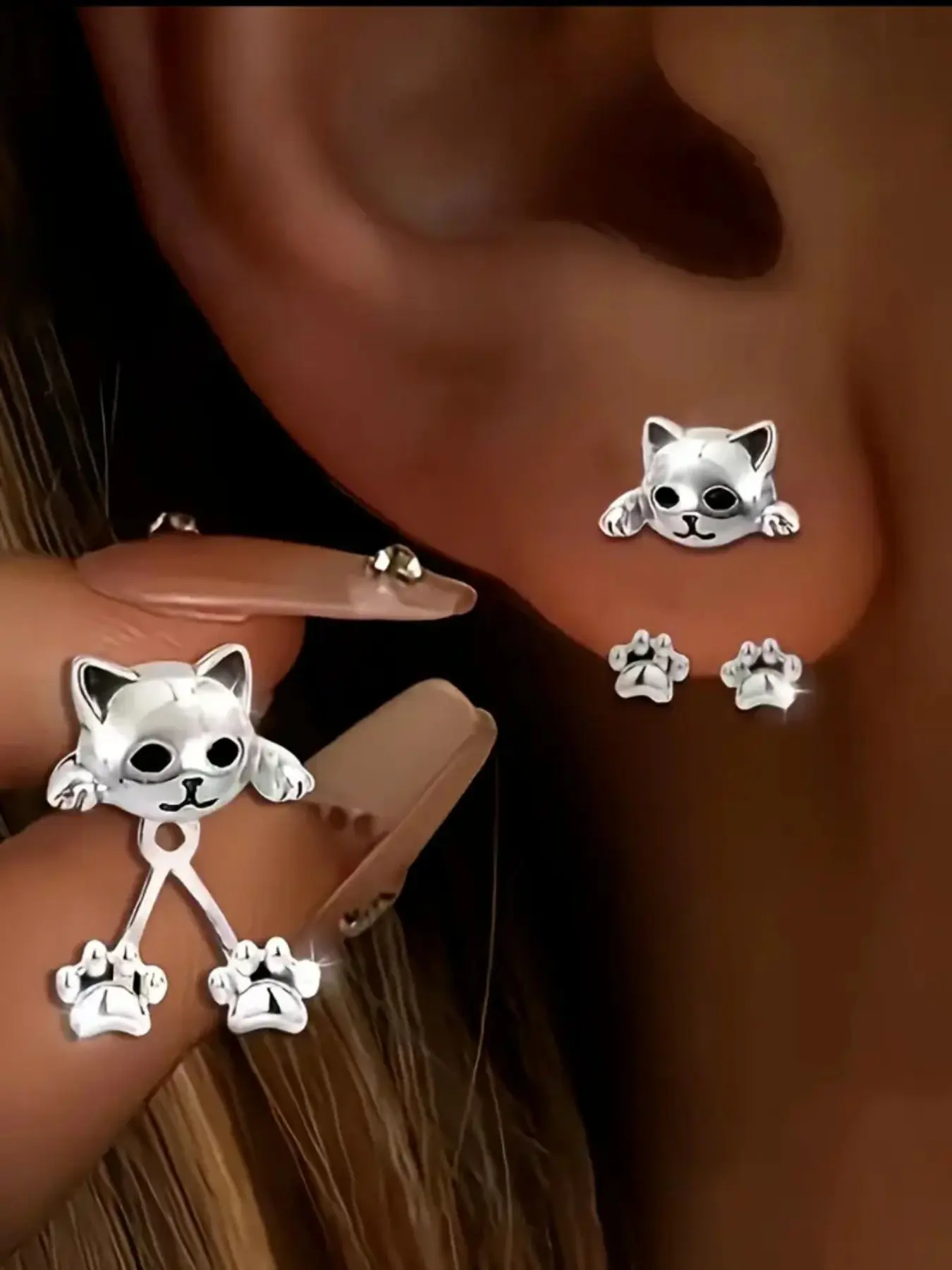 1 Pair Cute Iron Peeking Kitten Front Back Earrings, Fashion Earrings, Silver Double Sided Cat Paw Drop Stud Earrings, Studs Earrings, Cartoon Pet Animal Piercing Ear Jewelry, Minimalist Daily Vacation Party Styling Accessories Gift for Women Teen Girls