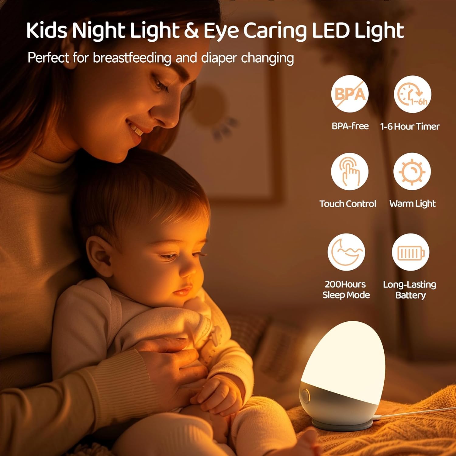 Touch Egg Night Light for  , Rechargeable Portable  Nightlight Lamp with 1-6H Feeding Timer, 3 Color Temperatures Dimmable, Ideal for  Moms of