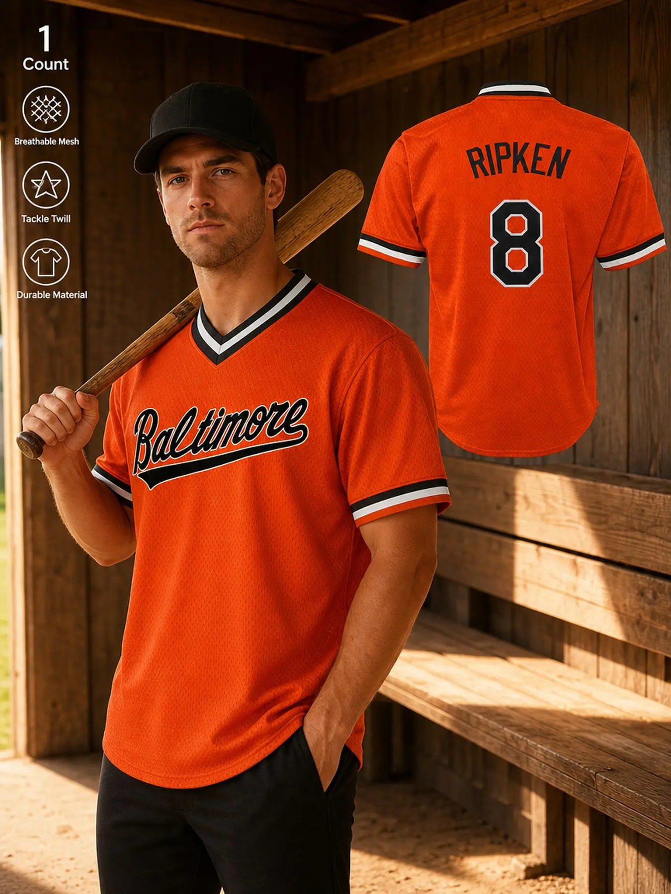 Men's Retro Baltimore Baseball Jersey 8# V-Neck Stitched Lightweight Casual Sports Fan Uniform