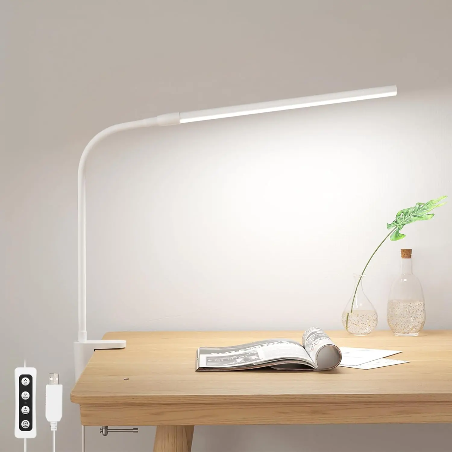 White Clamp Mount LED Desk Lamp - 450 LM LED Lights with 3 Color Modes, 10 Brightness Levels, Dimmable USB Gooseneck Arm, for Indoor Use in Home Office and Dorm