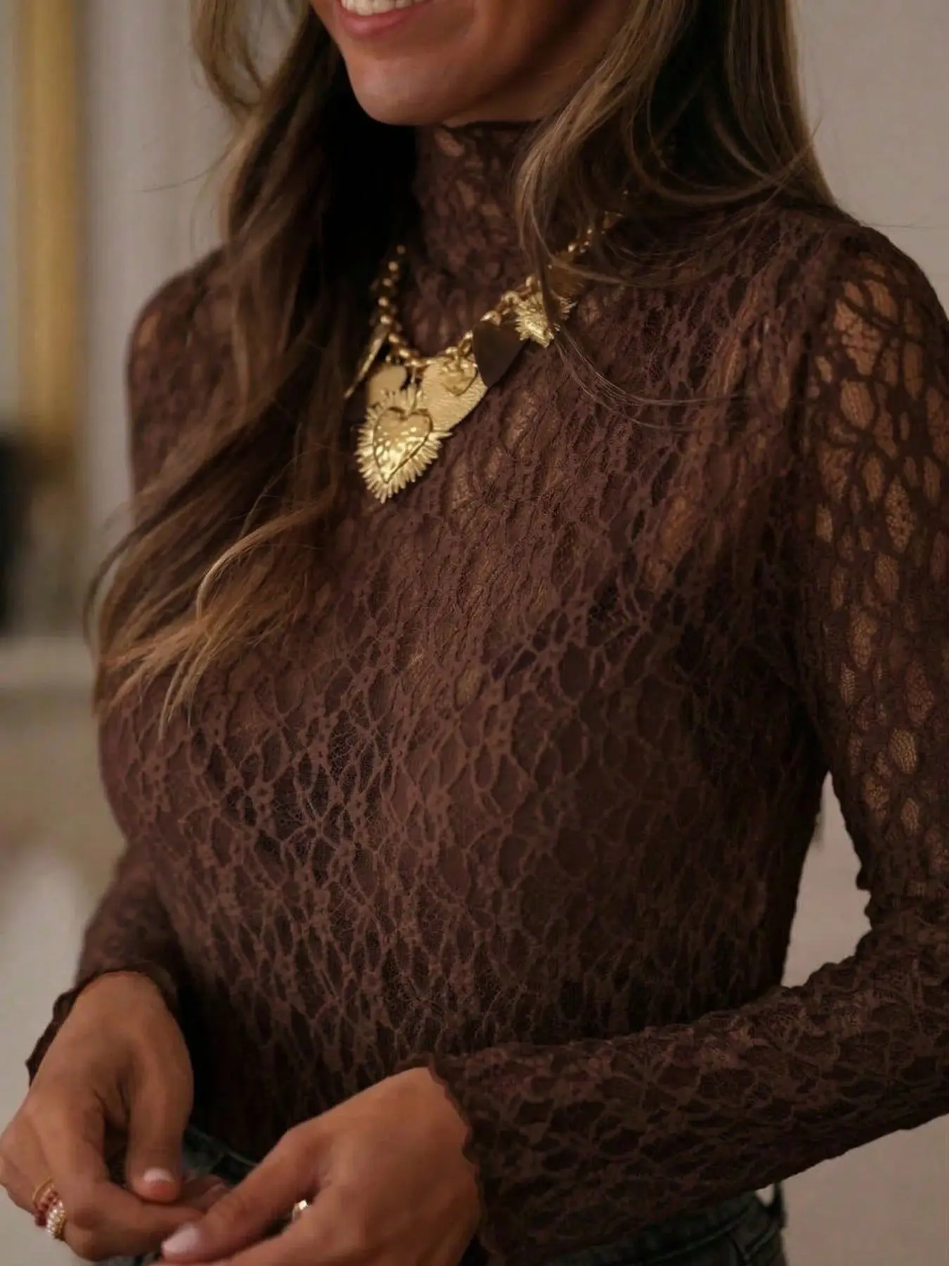 Women's French Half High Neck Lace Long Sleeve Top, Slim Fit Transparent Textured Ruffle Sleeve Innerwear, Elegant Layering Shirt