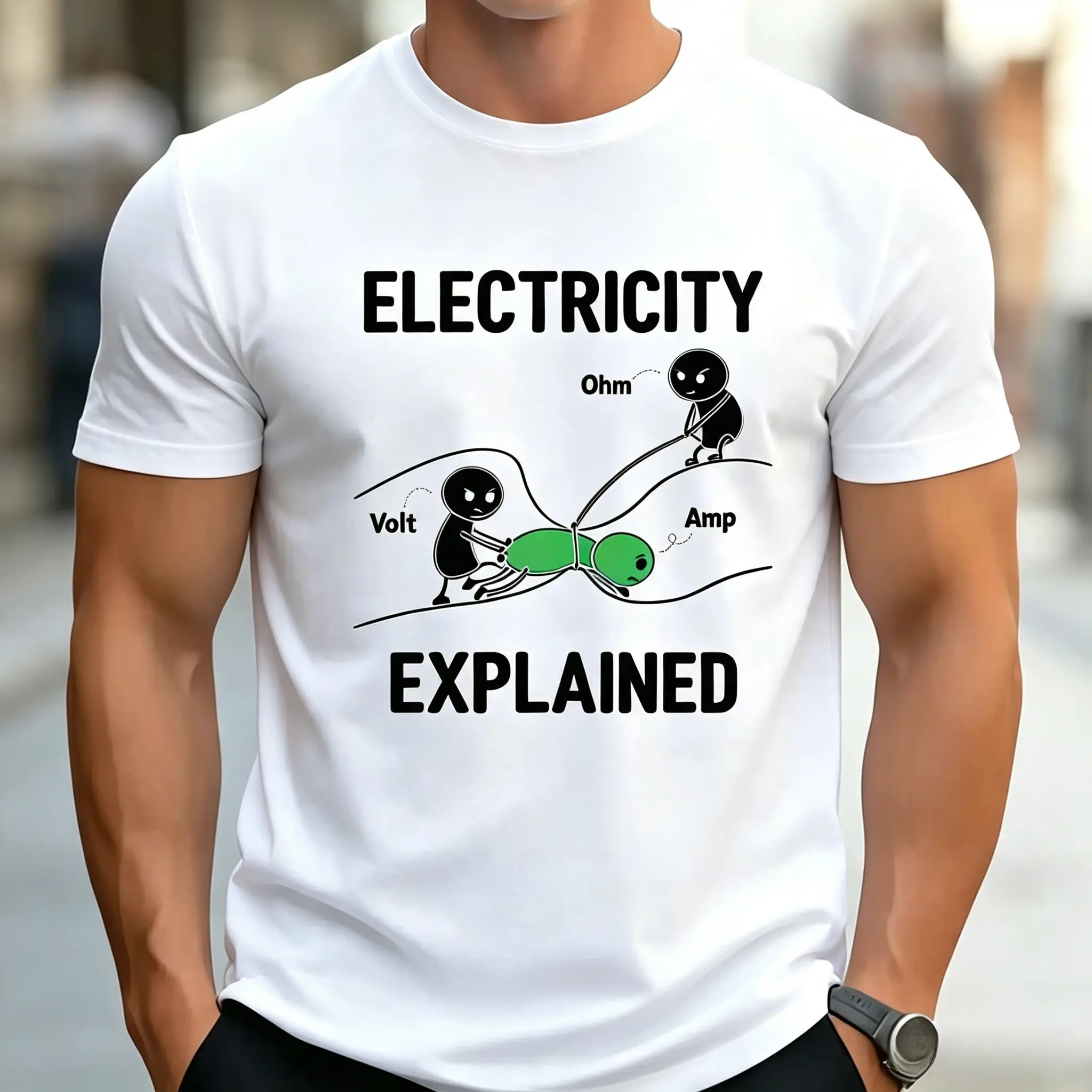 Unisex Graphic Halloween Short-Sleeve Fitted Electricity Principles T-Shirt - Ohm's Law, Circuit Diagram, Voltage/Current/Resistance Icons - Menswear for Electricians, Physics Enthusiasts, Clothes
