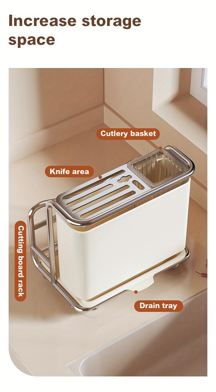 Stainless Steel Knife Organizer, a White Multifunctional Countertop Kitchen Storage Rack for Storing Knives, Cutting Boards, And Cutlery, Featuring a Draining Tray, Designed to Be Durable And Space-Saving