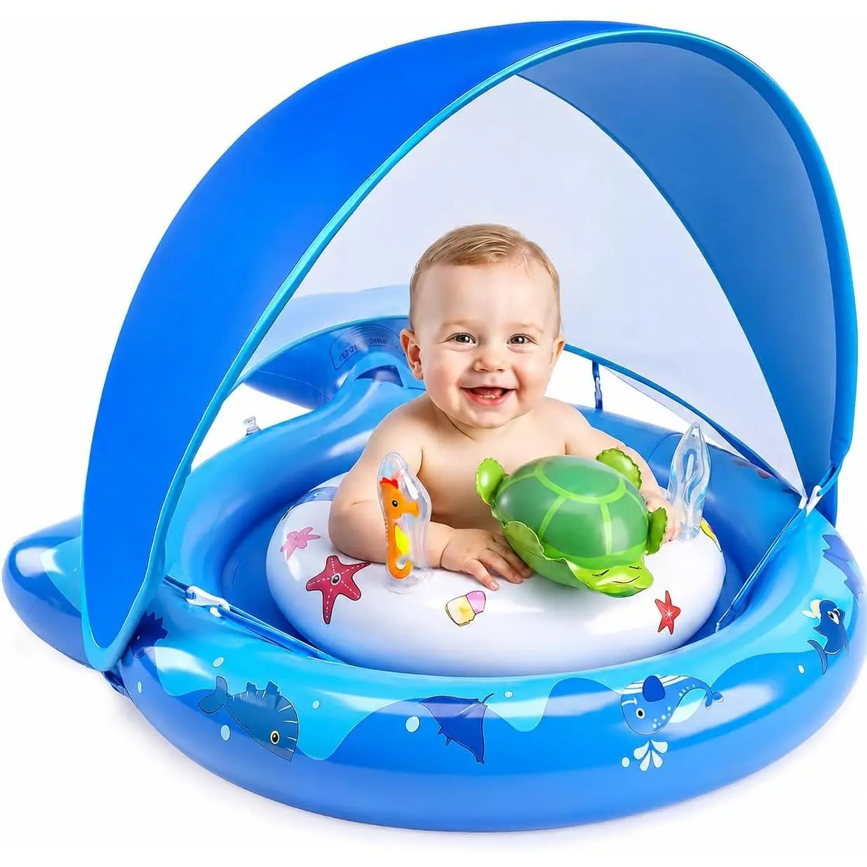Inflatable Baby Pool Float with Sun Canopy, UPF50 Sun Protection, Portable and Easy to Store, Includes Padded Safety Seat, Air Pump and Toys, for Boys and Girls 6-36 Months.