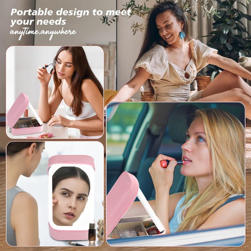 Makeup Bag with Mirror and Light Travel Makeup Train Case Cosmetic Bag, LED Makeup Mirror Case with 3 Adjustable Color Light Settings, Dust-Proof Jewelry Box, Mini Cosmetic Train Case