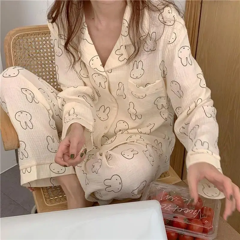 Kawaii Miffy Bunny Cute Cotton Gauze Sleepwear Set Open-Front Cardigan & Pants for Women Seasonless Home Outdoor Wear Loose Fit