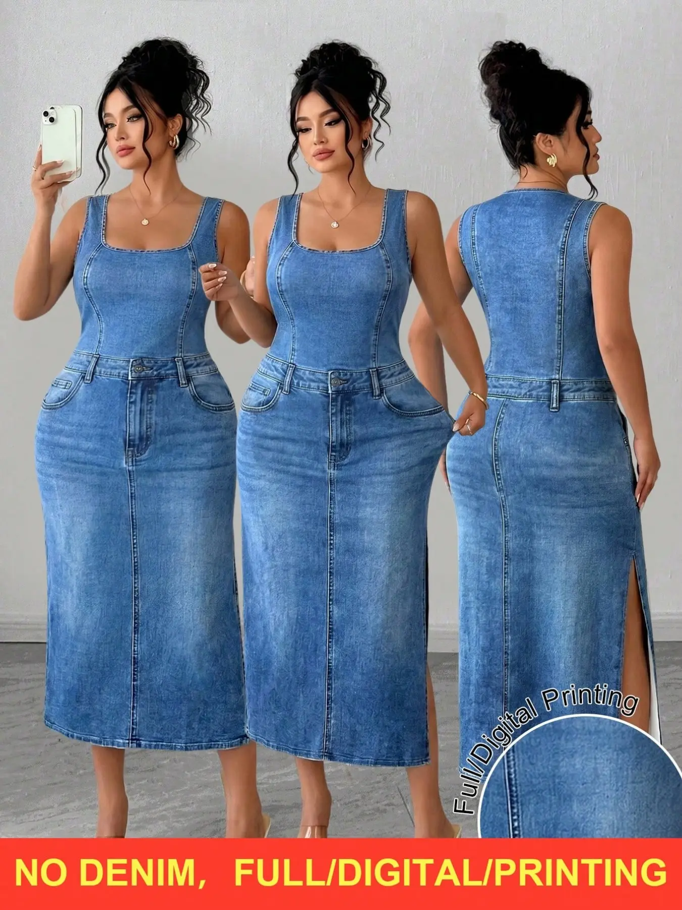 Plus Size Women Sleeveless Tank Bodycon Dress with High Slit, Slim Elegant Casual Midi Dress for Spring & Fall, Suitable for Daily Commute, Dates, Gatherings, Parties & Vacations
