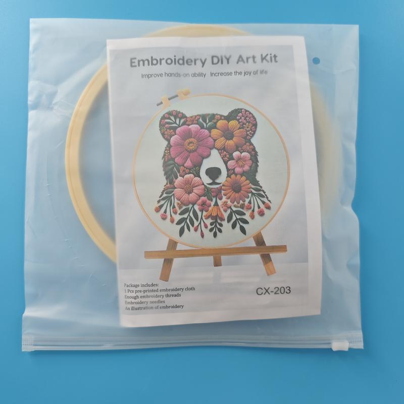 Bear Flower Embroidery Kit – DIY Needlework Craft Set with English Guide Beginner-Friendly Floral Stitching Project Ideal for Relaxing Crafts & Unique Home Decor