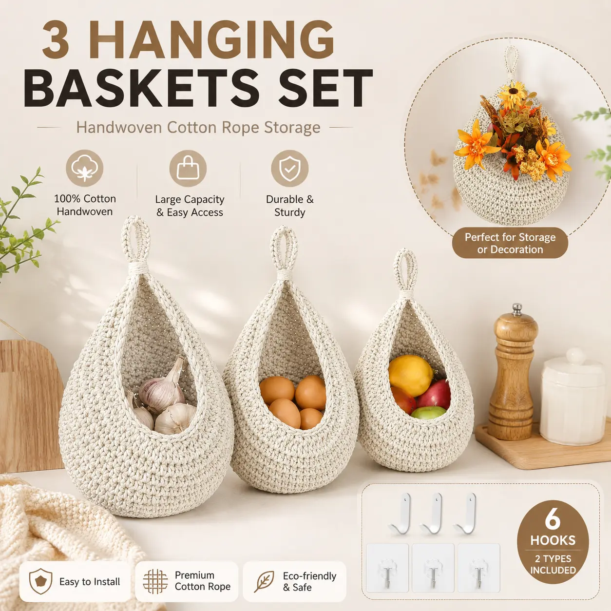 3 Pack White Boho Woven Wall Hanging Fruit Baskets, Teardrop Wall Mount Produce Storage Organizer with 6 Heavy-Duty Hooks, Breathable Hanging Vegetable Holder for Potato, Onion, Garlic, Spice & Kitchen Pantry Home Decor