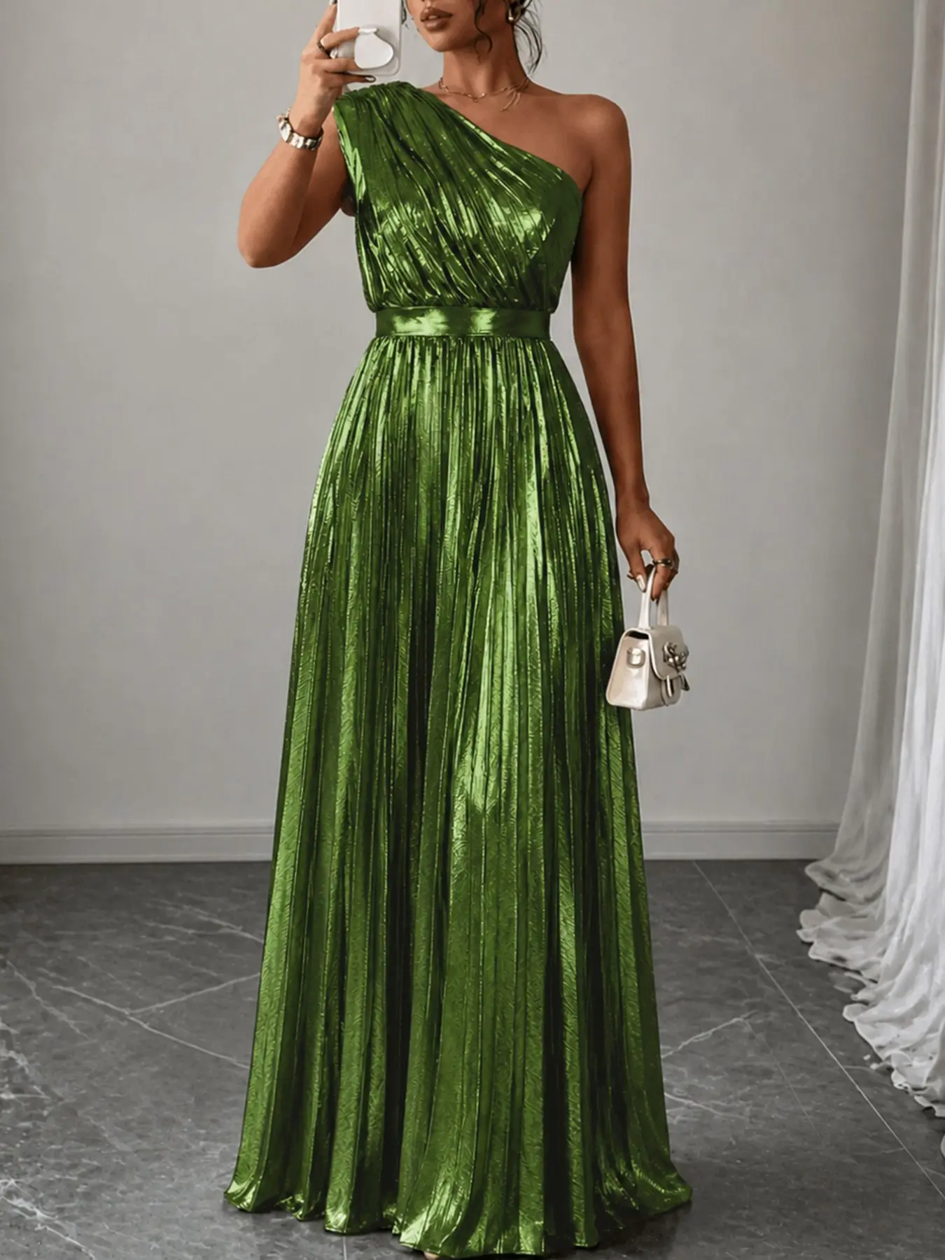 Elegant Women's One-Shoulder Gold Foil A-Line Pleated Maxi Evening Dress, Perfect for Cocktail Parties, Homecoming Dances, and Formal Events