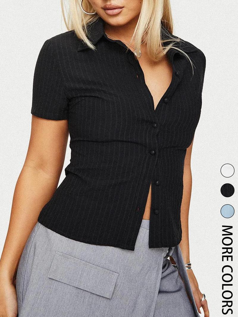 Women's Button Collared Shirt, Casual Slim-fitting Short Sleeve Top, Ladies Clothes for Daily Wear, Womenswear Casual Classy Top, Casual Comfy Shirt