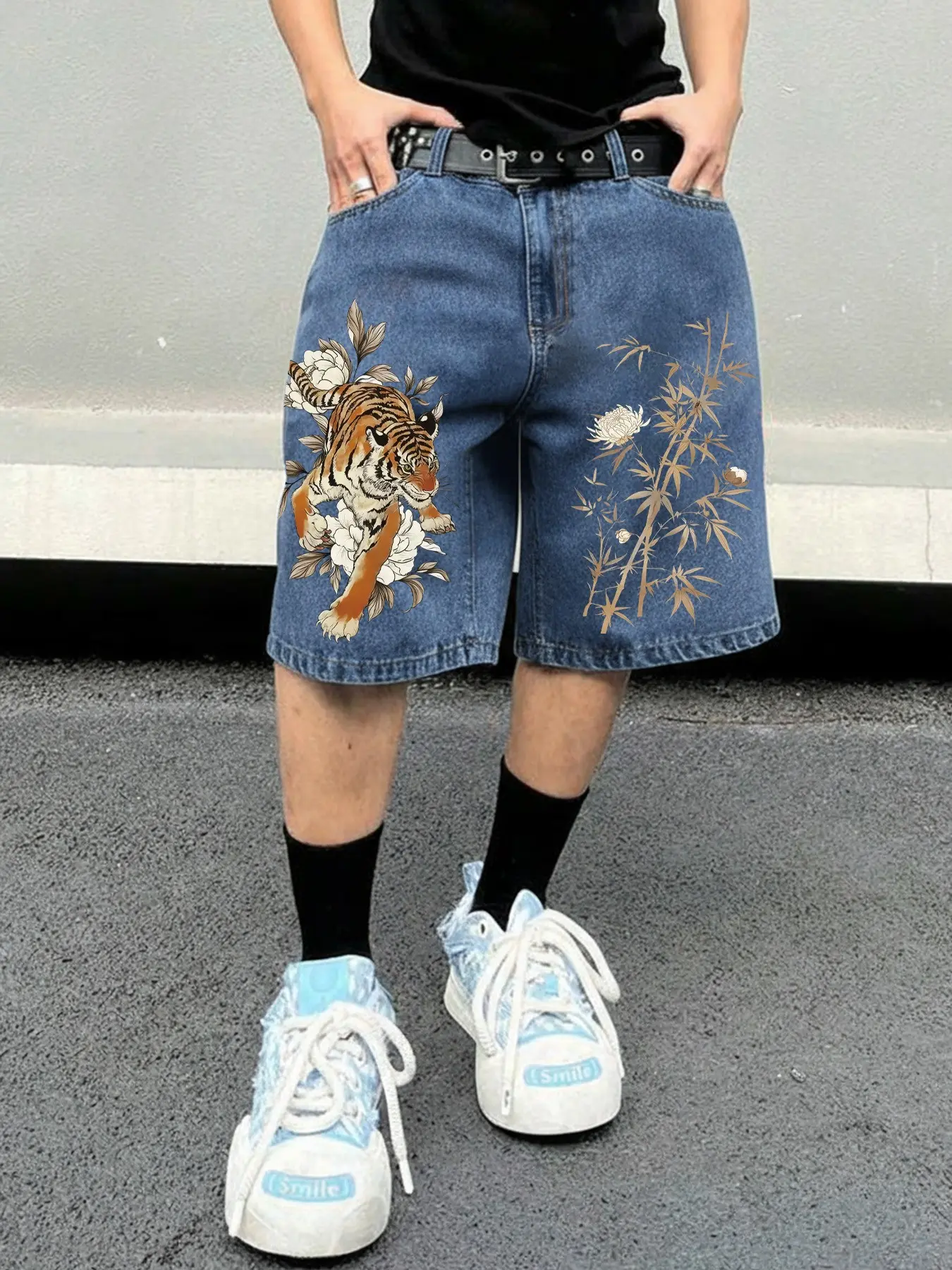 Y2K Baggy Oversize Jorts Classic Chinese Style Tiger Graphic Print Denim Shorts Men Harajuku Fashion Streetwear Loose Fit Knee Length Jean Shorts for Summer Casual Daily Wear