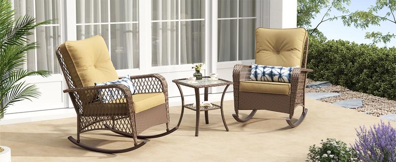 UDPATIO Outdoor Rocking Patio Set 3 pcs wicker furniture with 4‘’Thick Cushions balcony furniture set Chair Lounge Summer Comfort Relax Ergonomic
