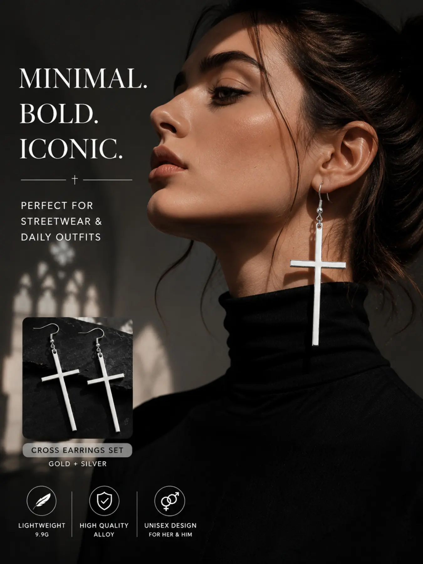 1 Pair Minimalist Cross Dangle Earrings for Women, Silver Color & Long Statement Drop Earrings, Bohemian Earrings, Dangly earrings, Christian Jewelry Gift, statement earrings women, fashion jewelry gift, christian jewelry earrings