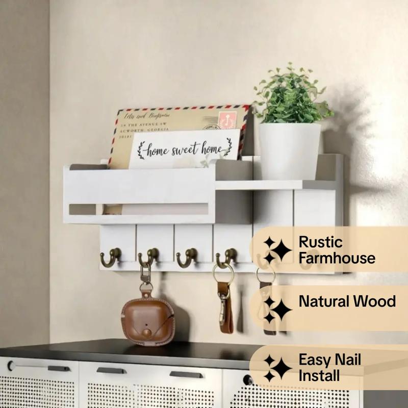 Wooden Wall Mounted Key Organizer - 6 Hooks with Small Shelf | Mail Sorter & Entryway Storage | Living Room/Entrance Decor | Home Organizing Essential | Wall Mountable