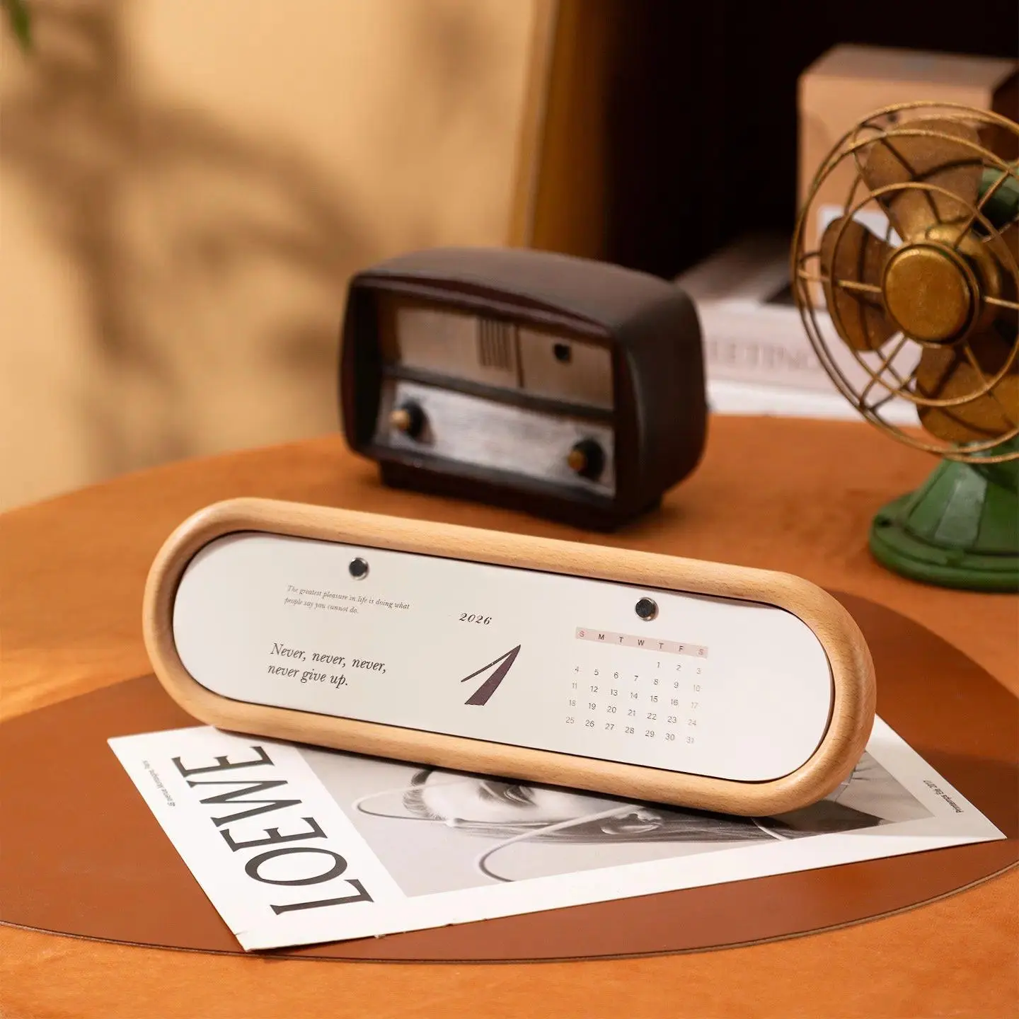 Zhubaijia Original Vintage Desk Calendar 2026, Artistic Calendar, Beech Wood and Black Walnut Desktop Ornament, Creative Gift