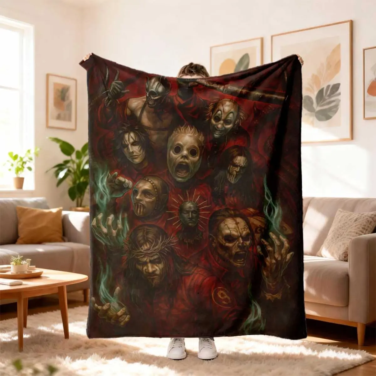 Slipknot Band Members Portrait Flannel Throw Blanket Dark Horror Art Red Background Green Smoke Print Soft Fleece Blanket Metal Music Fan Bedroom Decor Gift