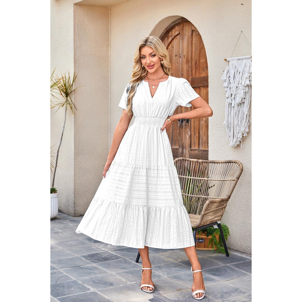Womens Summer 2026 Casual Midi Maxi Dresses Lightweight Short Sleeve V Neck Elastic Waist Boho Beach Dress Pockets