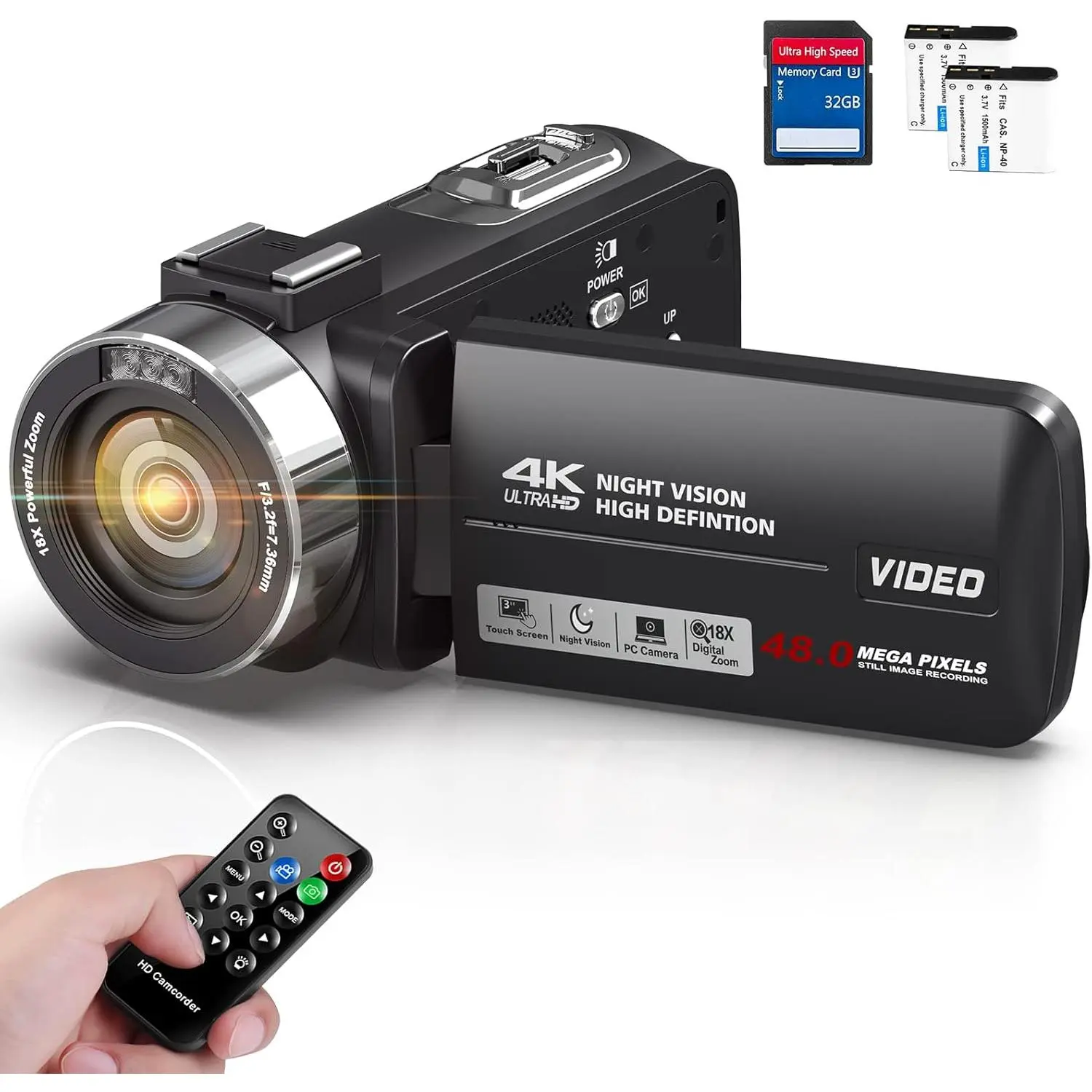 Camcorder Video Camera 4K Ultra 44MP Vlogging Camera for YouTube 18X Digital Zoom Camcorder Recorder 3.0" LCD Screen IR Night Vision with Remote Control, 32GB SD Card, 2