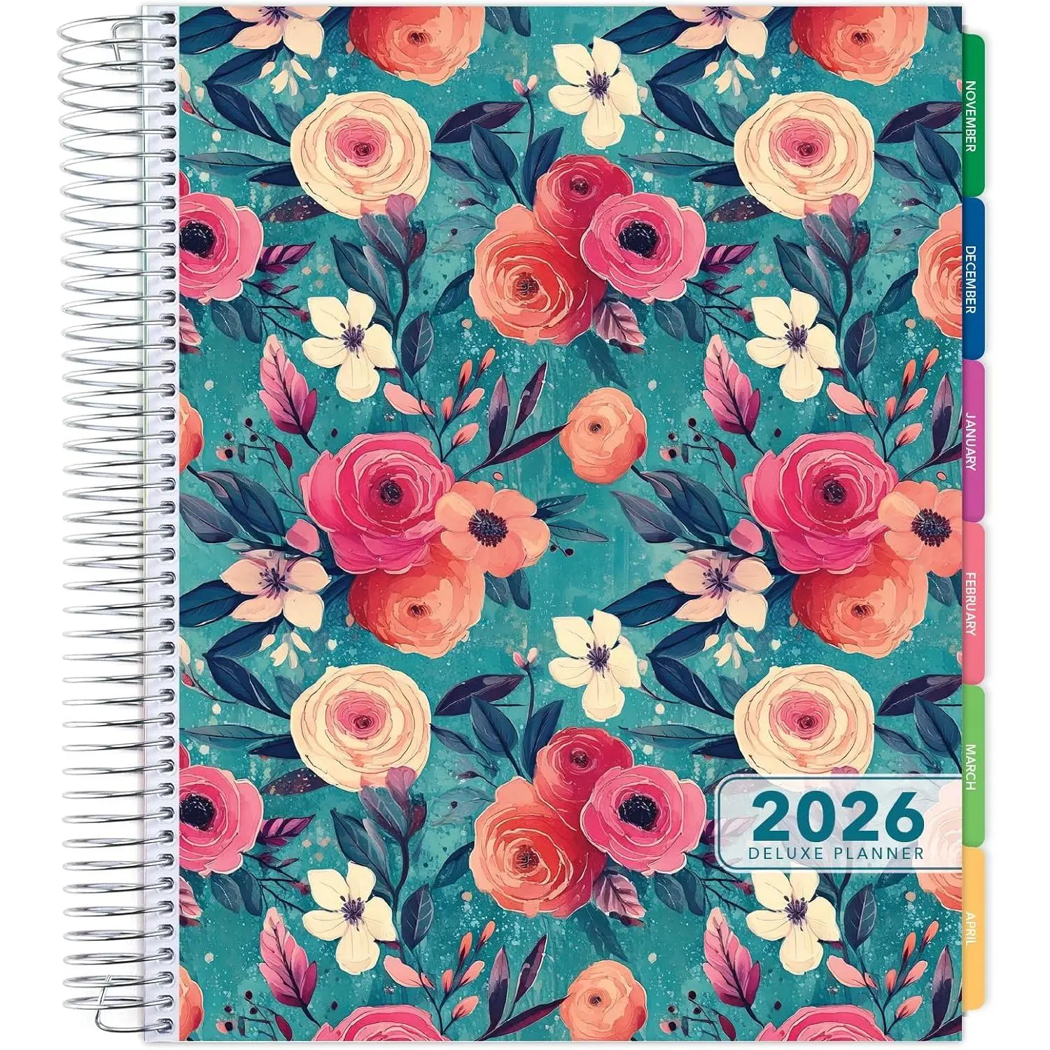 DELUXE 2026 Planner, 8.5"x11": 14 Months (November 2025 - December 2026), Includes Page Tabs, Bookmark, Planning Stickers, Pocket Folder Daily Weekly Monthly Planner Yearly Agenda (Teal Floral)