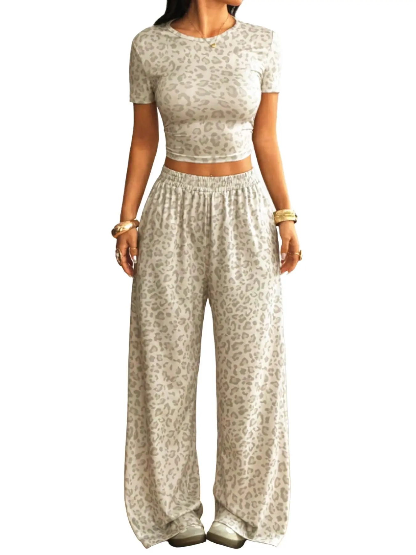 Women's Round Neck Short Sleeve Long Pants Set, Casual Leopard Print Suit, Slim-Fitting, All Seasons, Fashionable Home & Outdoor Wear Clothes