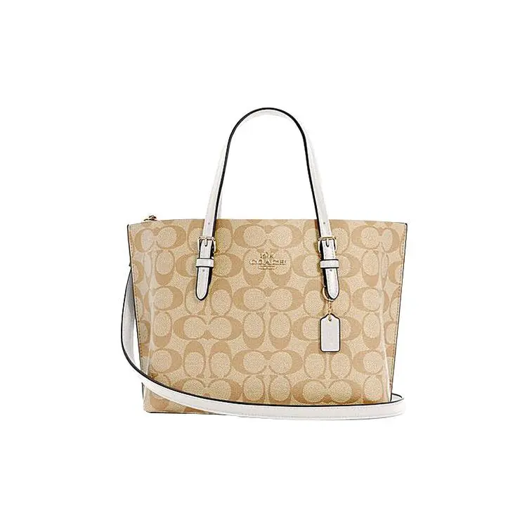 COACH Mollie Classic Monogram Zip-Top Tote Bag for Women, Canvas with Tan and White Color Block