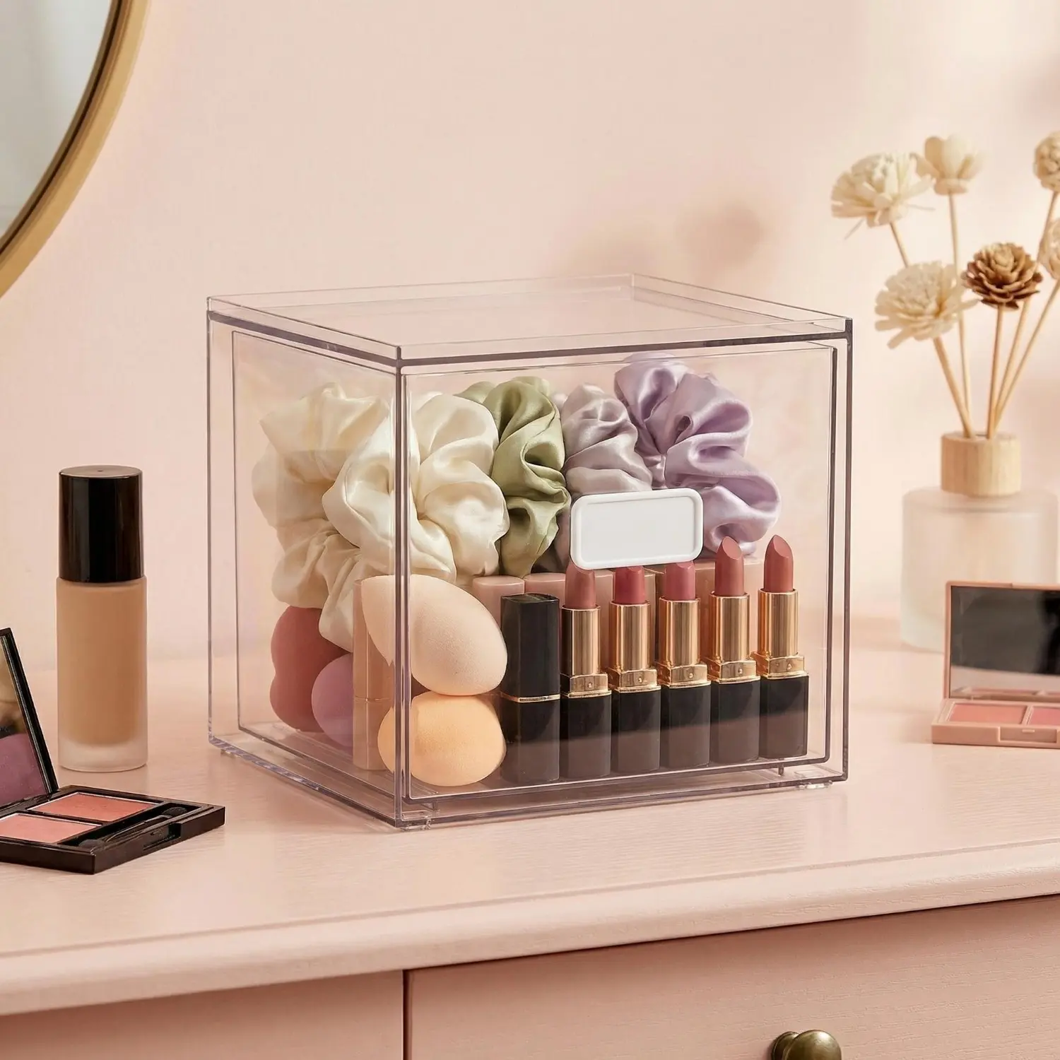 Drawer Storage Box, Clear Stackable Storage Drawer, Acrylic Box Hold 50 Count, for Bathroom, Vanity, Dressing Table, Countertop Organization, with Handle, Storage Drawer Units