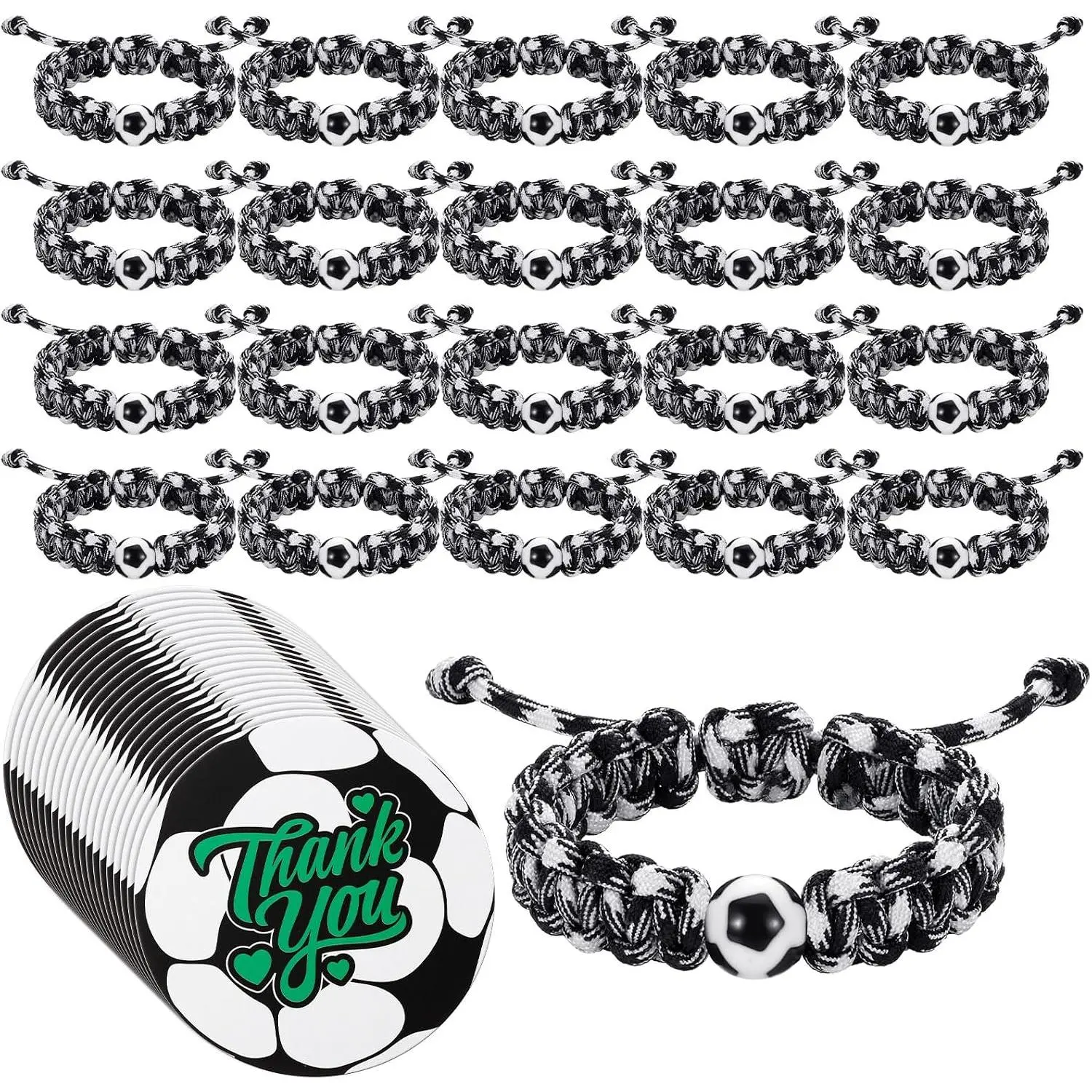 20 Sets Woven Polyester Bracelets for Teens with Soccer, Baseball & Softball Beads, Adjustable Long-Lasting Team Party Favors & Gifts with Cards, Soccer Accessories, Not Easily Broken, Polyester Fabric