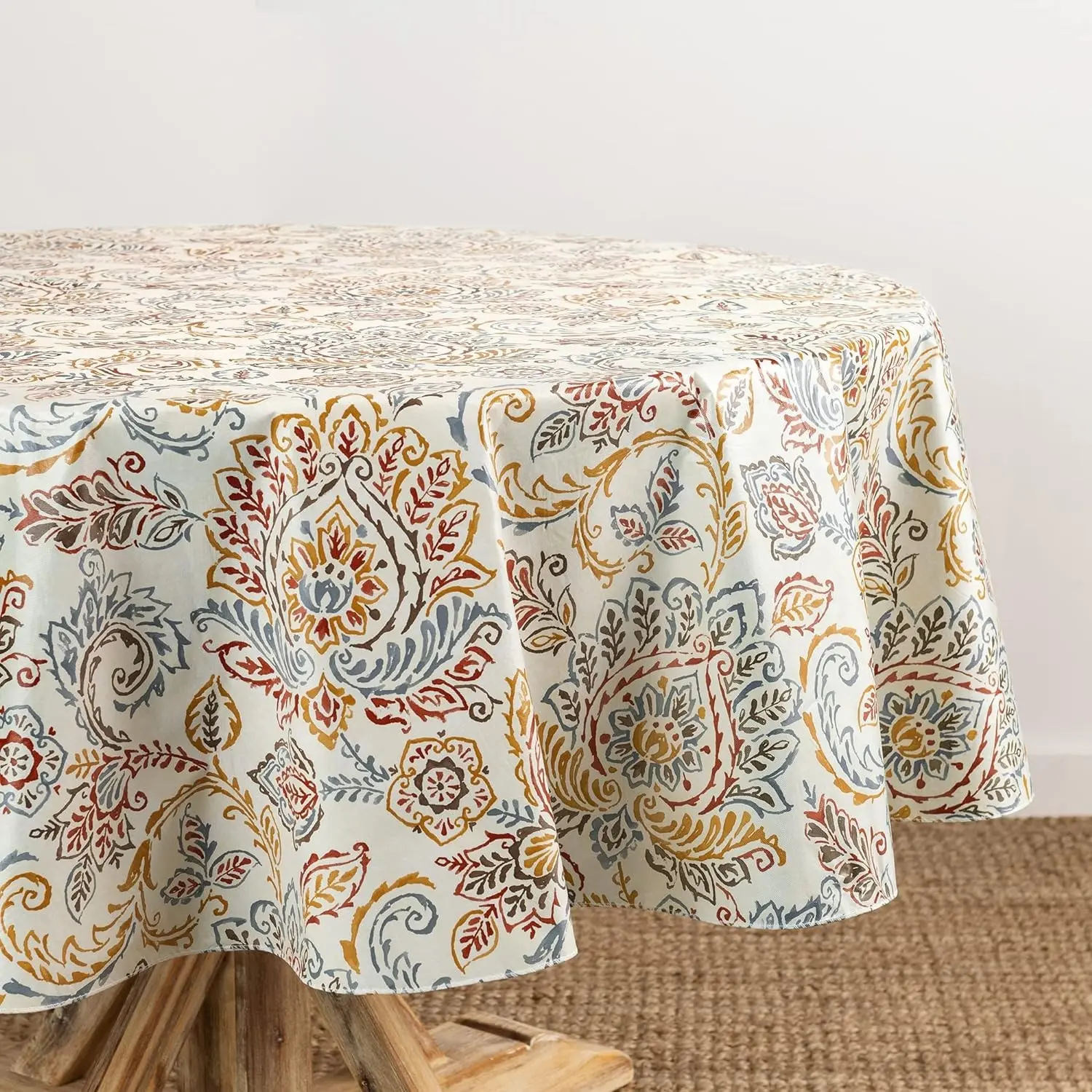 Ava Floral Jacobean Water- and Stain-Resistant Vinyl Tablecloth with Flannel Backing, 60 Inches X 84 Inches, Oval