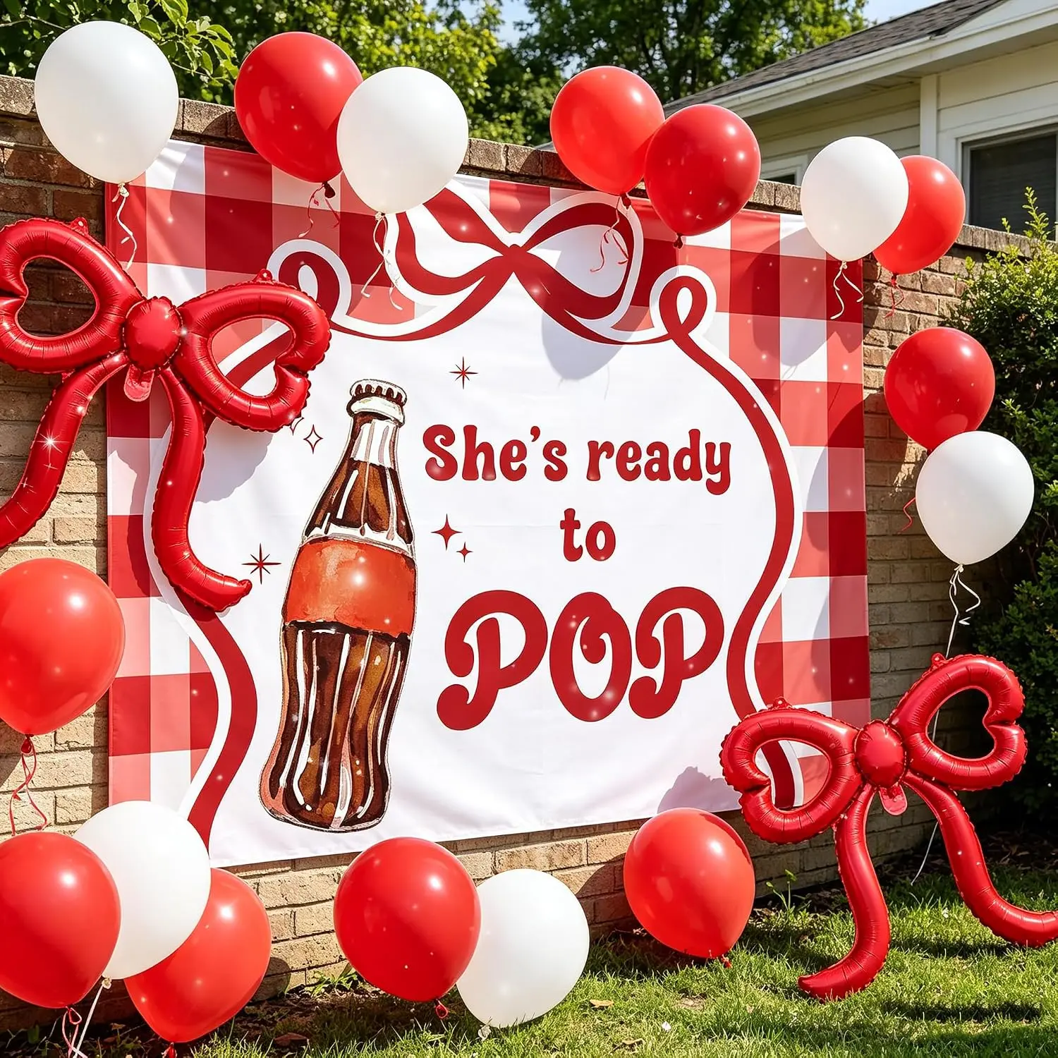 She's Ready to Pop Backdrop Retro Soda Fountain Baby Shower Decor | She's Ready to Pop Banner Retro Soda Baby Shower Decor Red Coquette Soda Theme Gender Reveal Party Decoration