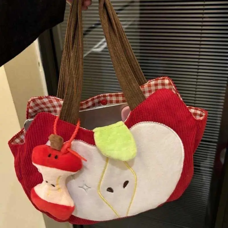 Red Apple Handbag Creative Cute Corduroy Shoulder Bag Stylish Outing Canvas Bag With Apple Pendant Casual Versatile Shoulder Bag