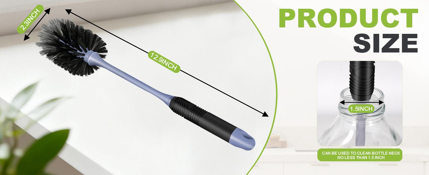 Long Handle Bottle Brush Set, 2-Pack Flexible Nylon Scrub Brushes for Reusable Water Bottles, Cleaner for Thermos, Tumblers, Glassware & Mugs - Black