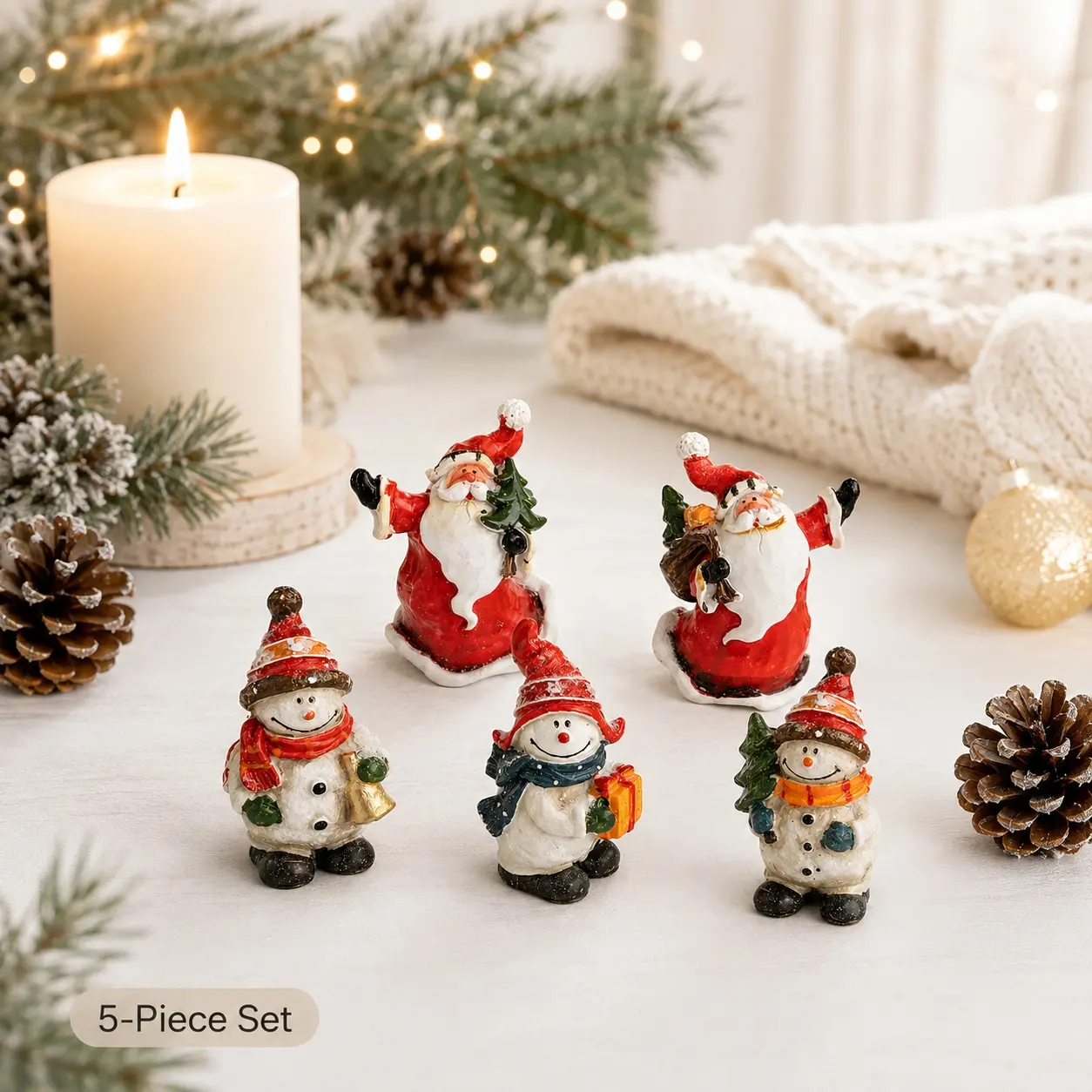 5-Piece Christmas Resin Figurines, Vintage Santa & Snowman Tabletop Decorations for Holiday Home and Window Display