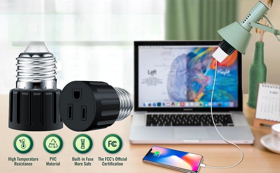 2 Pack 3-Prong Light Socket Outlet Adapter, E26/E27 Light Socket to Plug Converter, Polarized Light Bulb Plug Adapter for Garage, Camera, Porch, Professional Grade