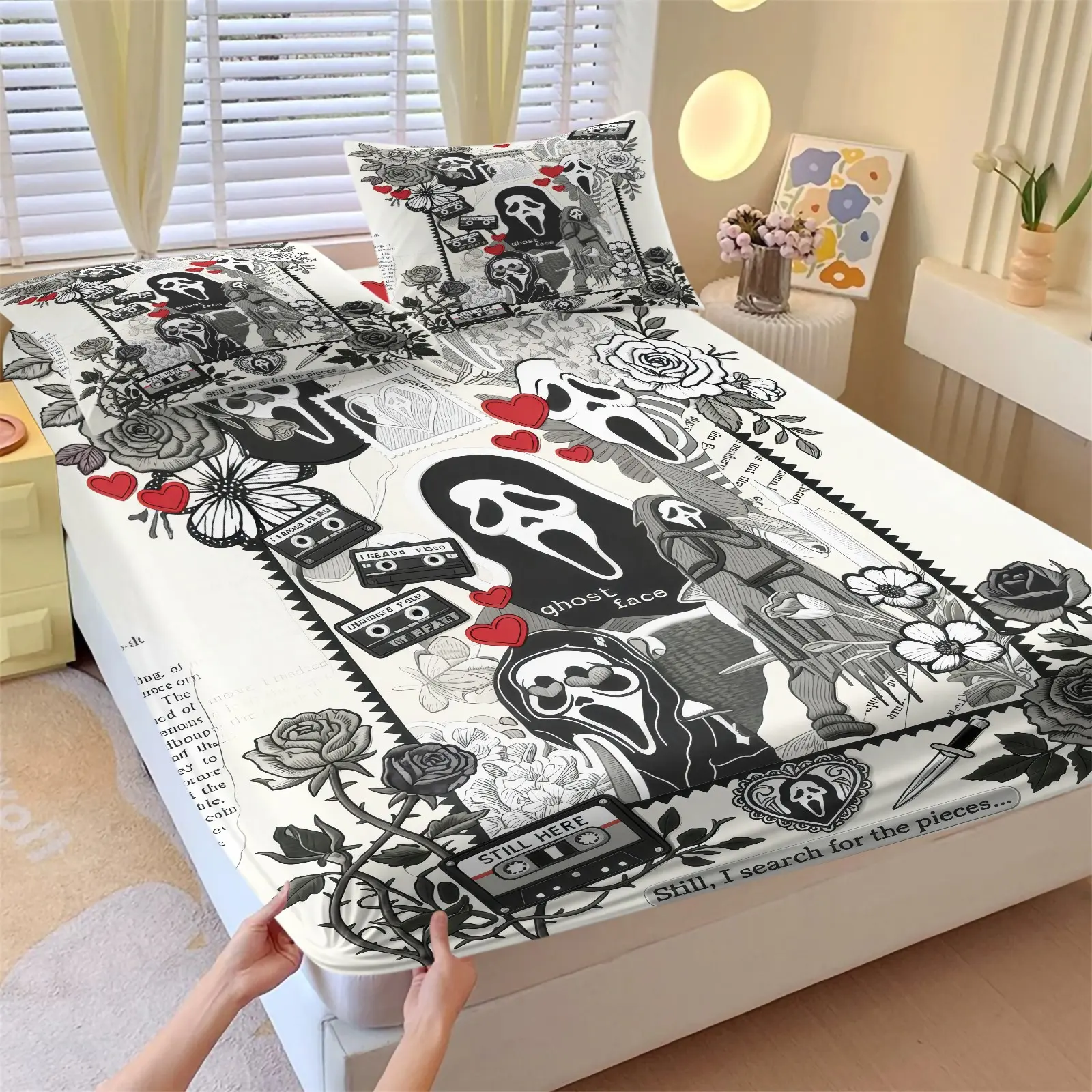 3-Piece Whit Base Retro Floral Ghost Face Fitted Sheet Set-Soft Wrinkle-Resistant Bedding-Pastel Goth Black White Gothic Vintage Tattoo Mix-and-Match-Ideal for Fans, Girls Bedroom Dorm or Holiday Decor Printed Bedding Set